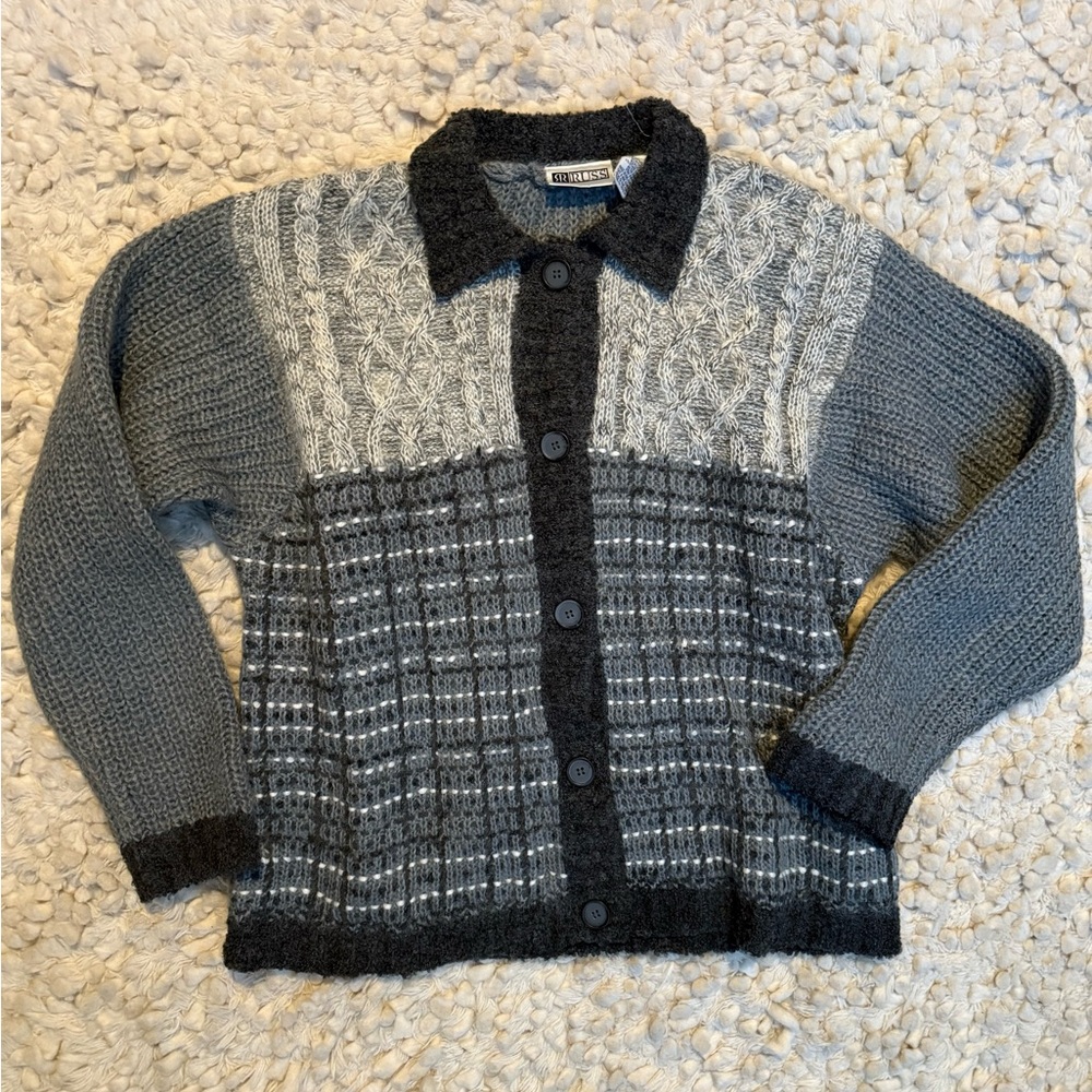 Vintage 90s Russ Wool Blend Gray Collared Cardigan Sweater Size Large Cable Knit